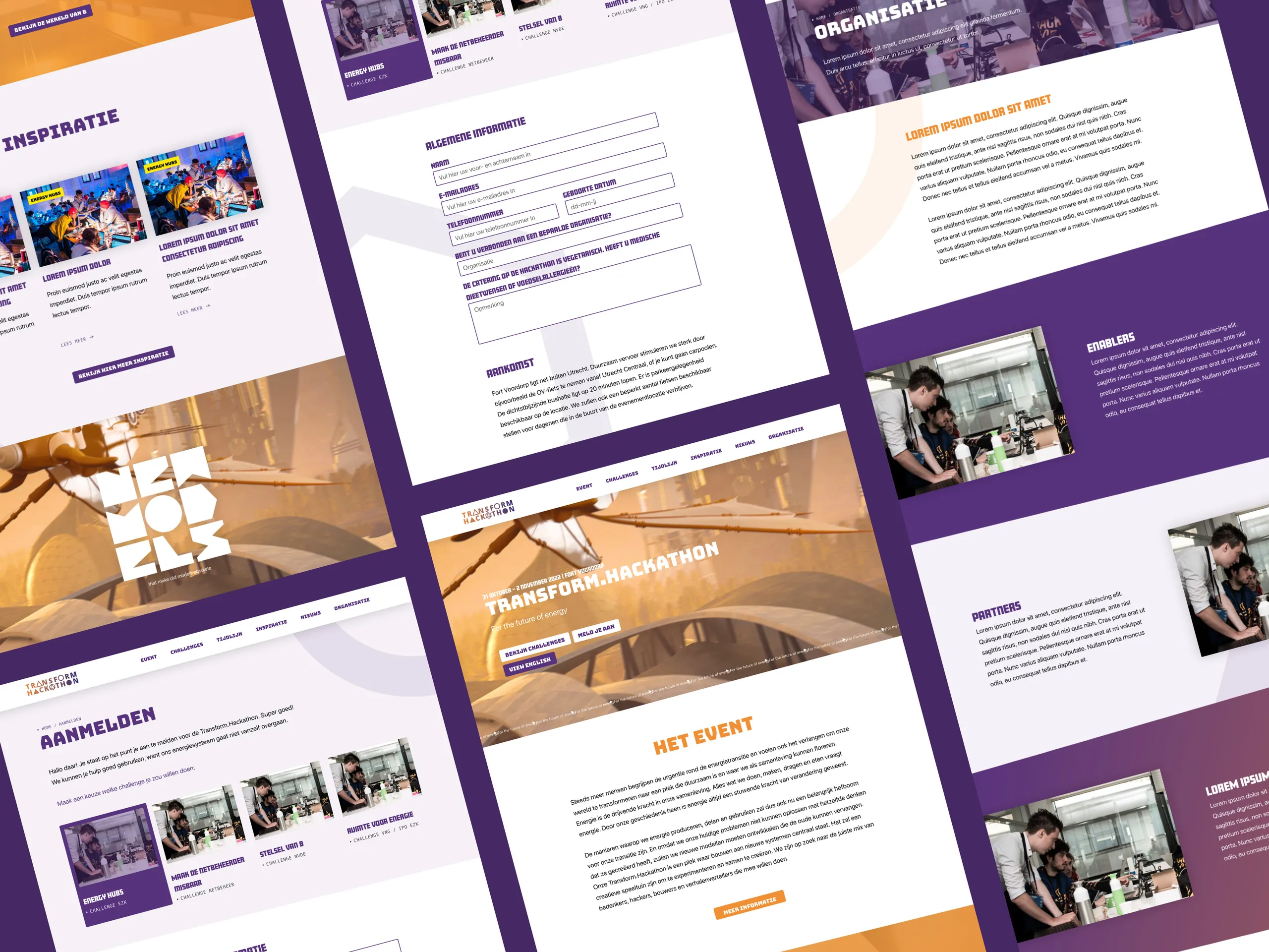 Overzicht van de Transform.Hackathon website met paginalayout en design