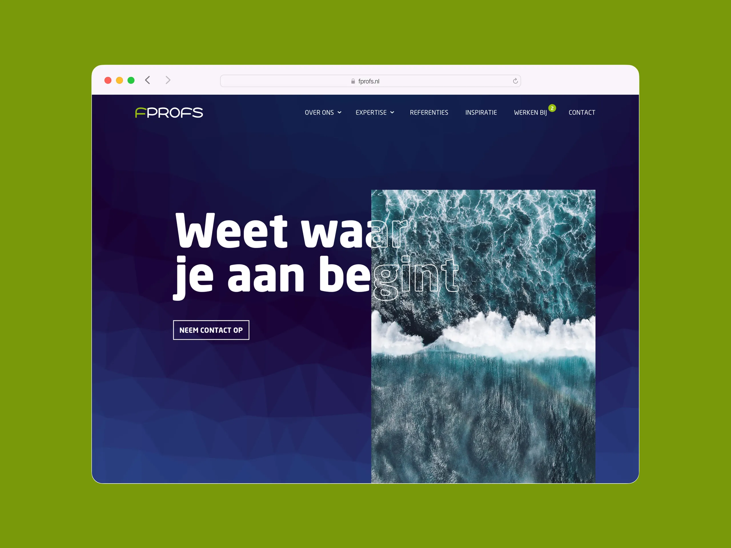 Volledig scherm weergave van de FProfs website homepage