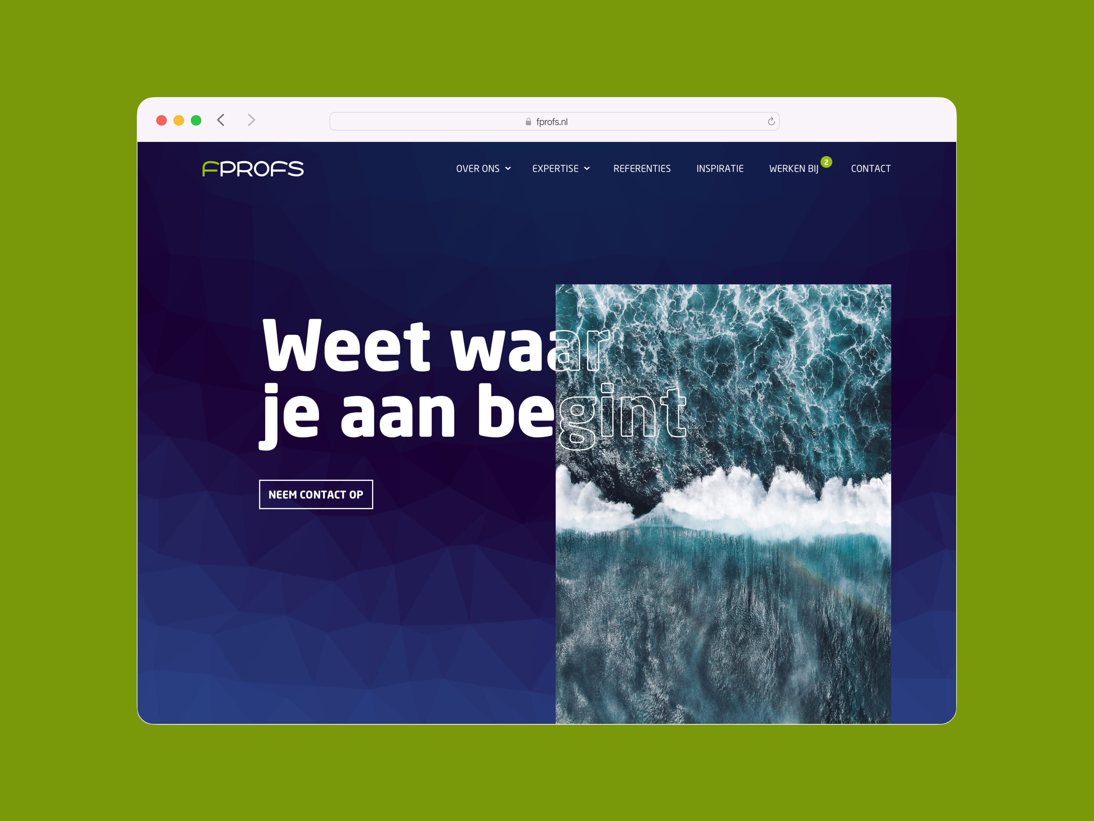 Volledig scherm weergave van de FProfs website homepage