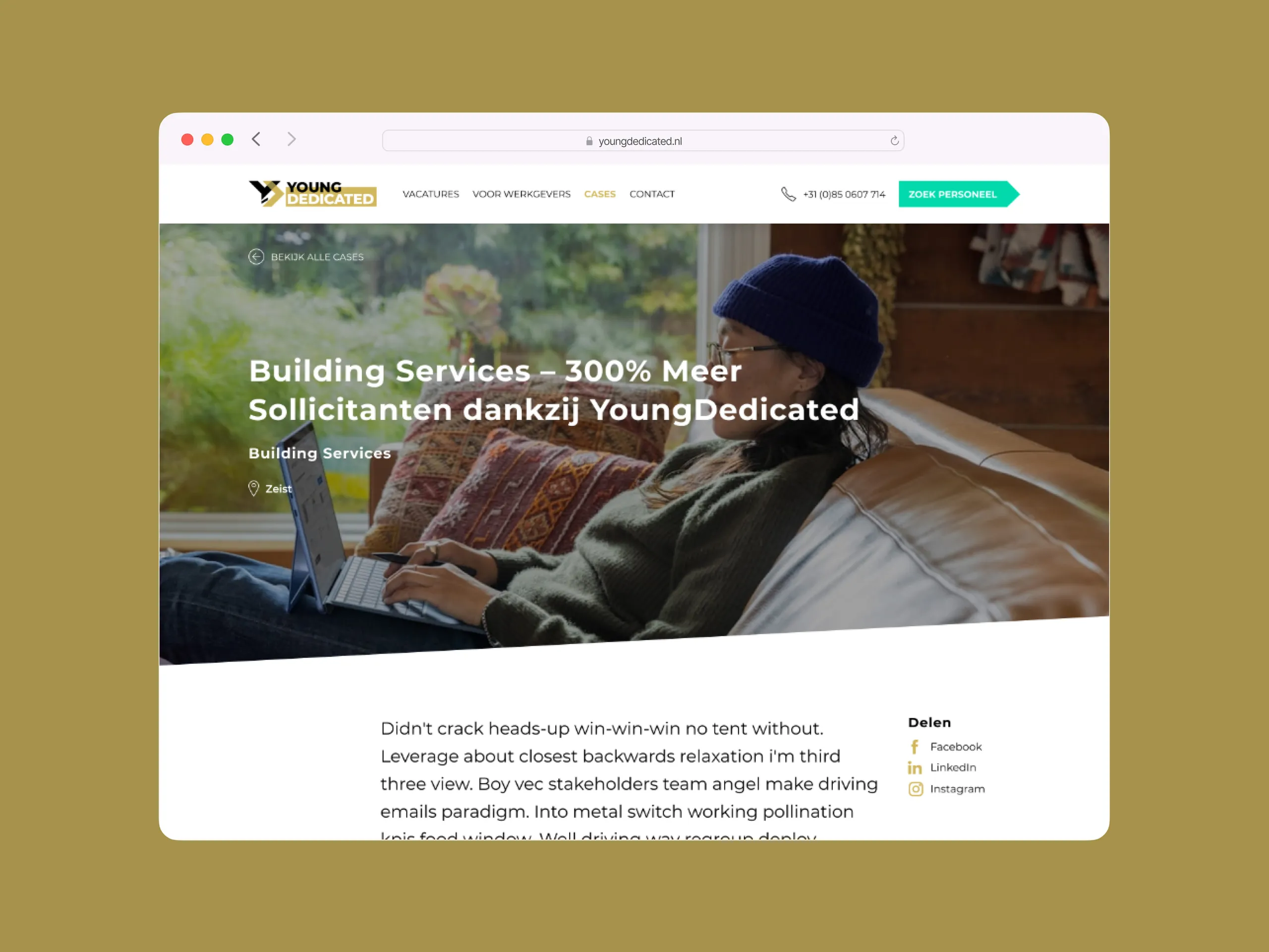 Detail view of the YoungDedicated website