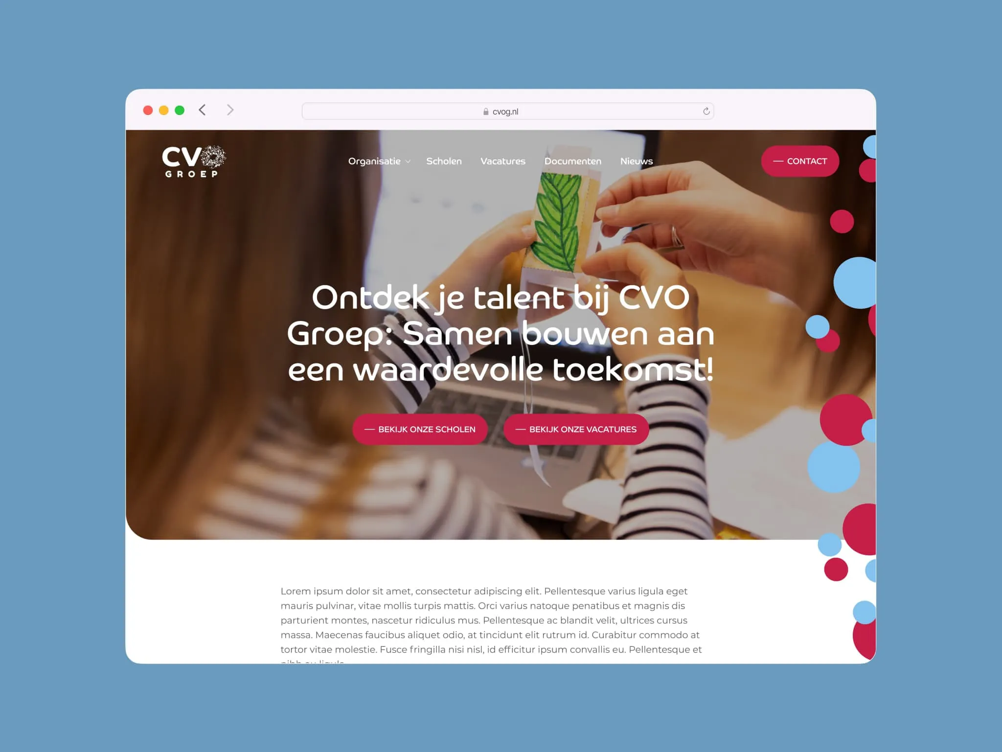 Volledig scherm weergave van de CVO Groep homepage