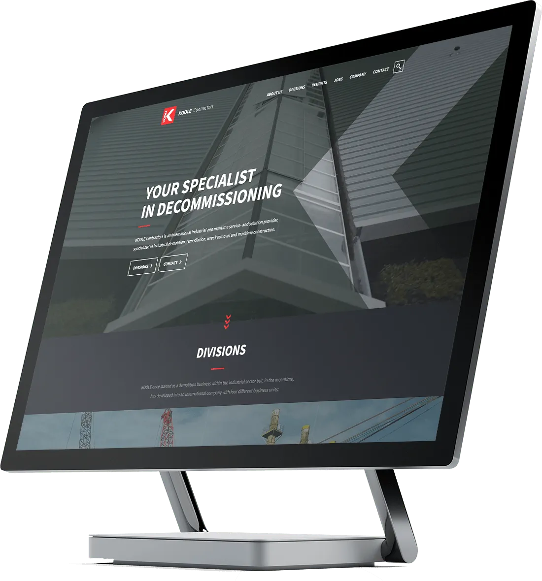 Mockup van de KOOLE Contractors homepage op desktop