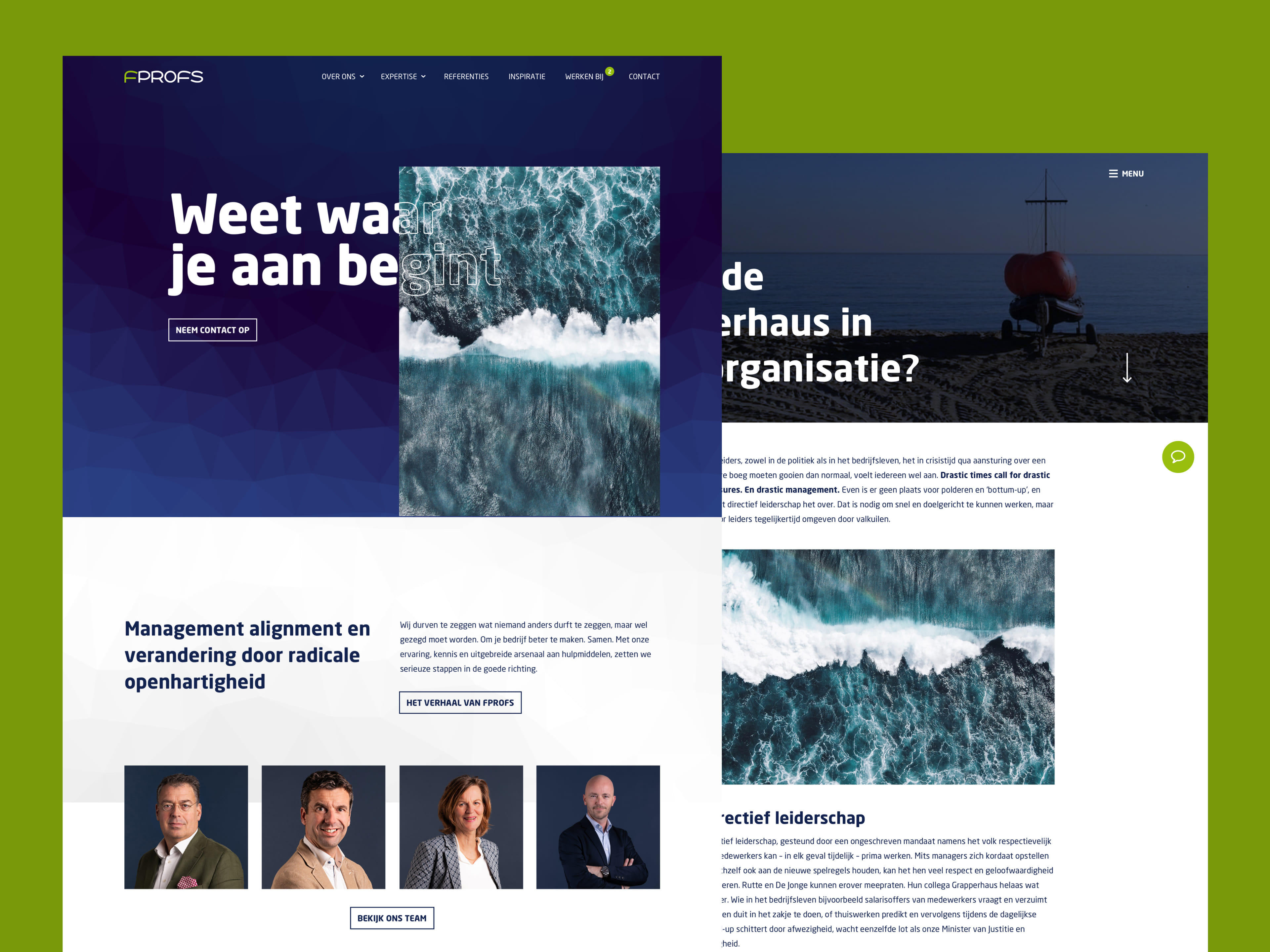 Twee schermweergaven van de FProfs website met detailpagina's
