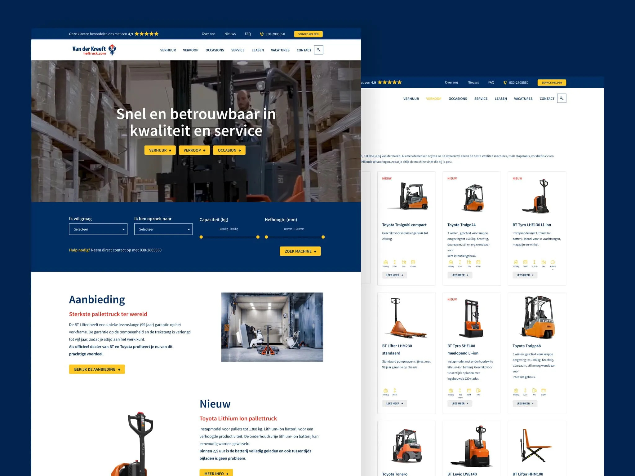 Two screen views of the Heftruck.com website with product pages