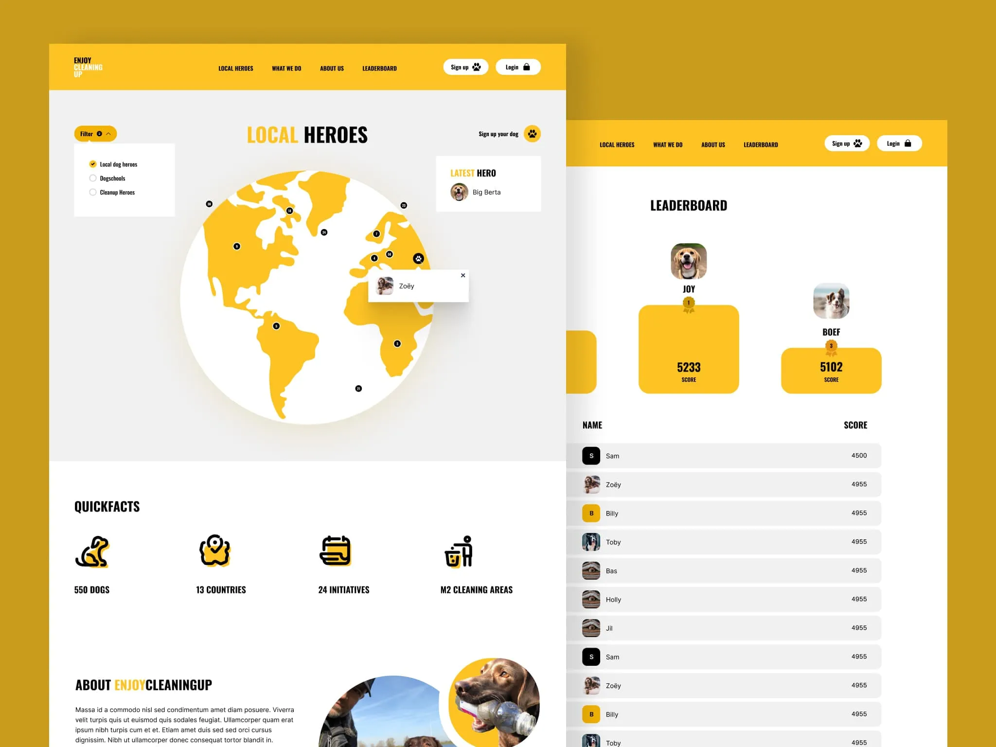 Twee schermweergaven van het Enjoy Cleaning Up platform met gamification elementen