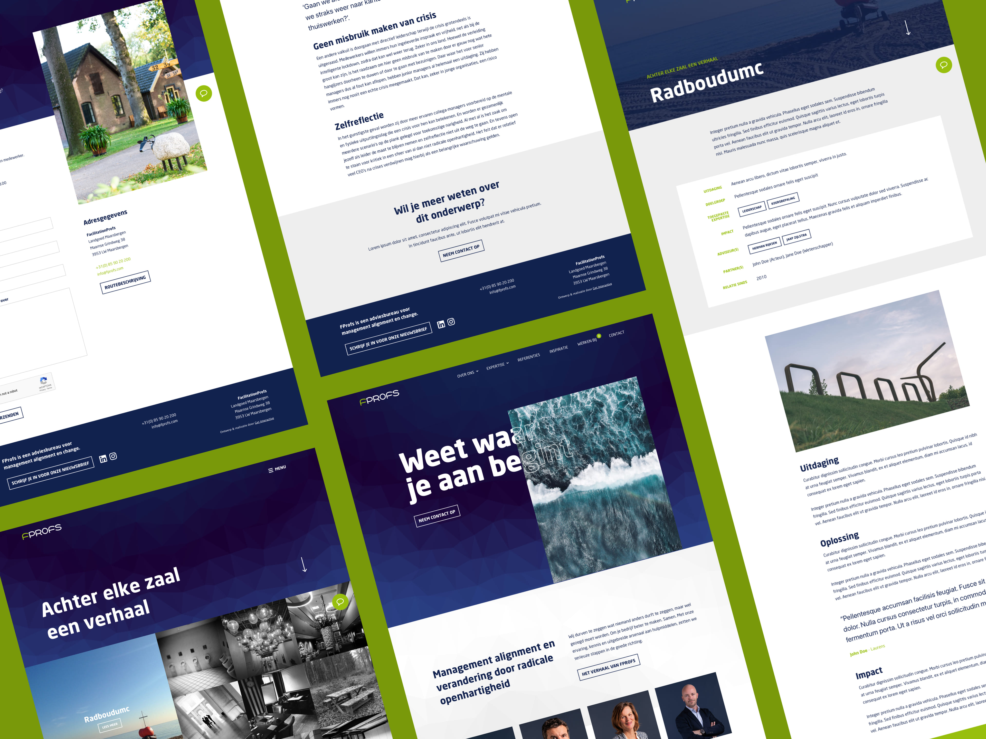 Overzicht van de FProfs website met paginalayout op meerdere apparaten