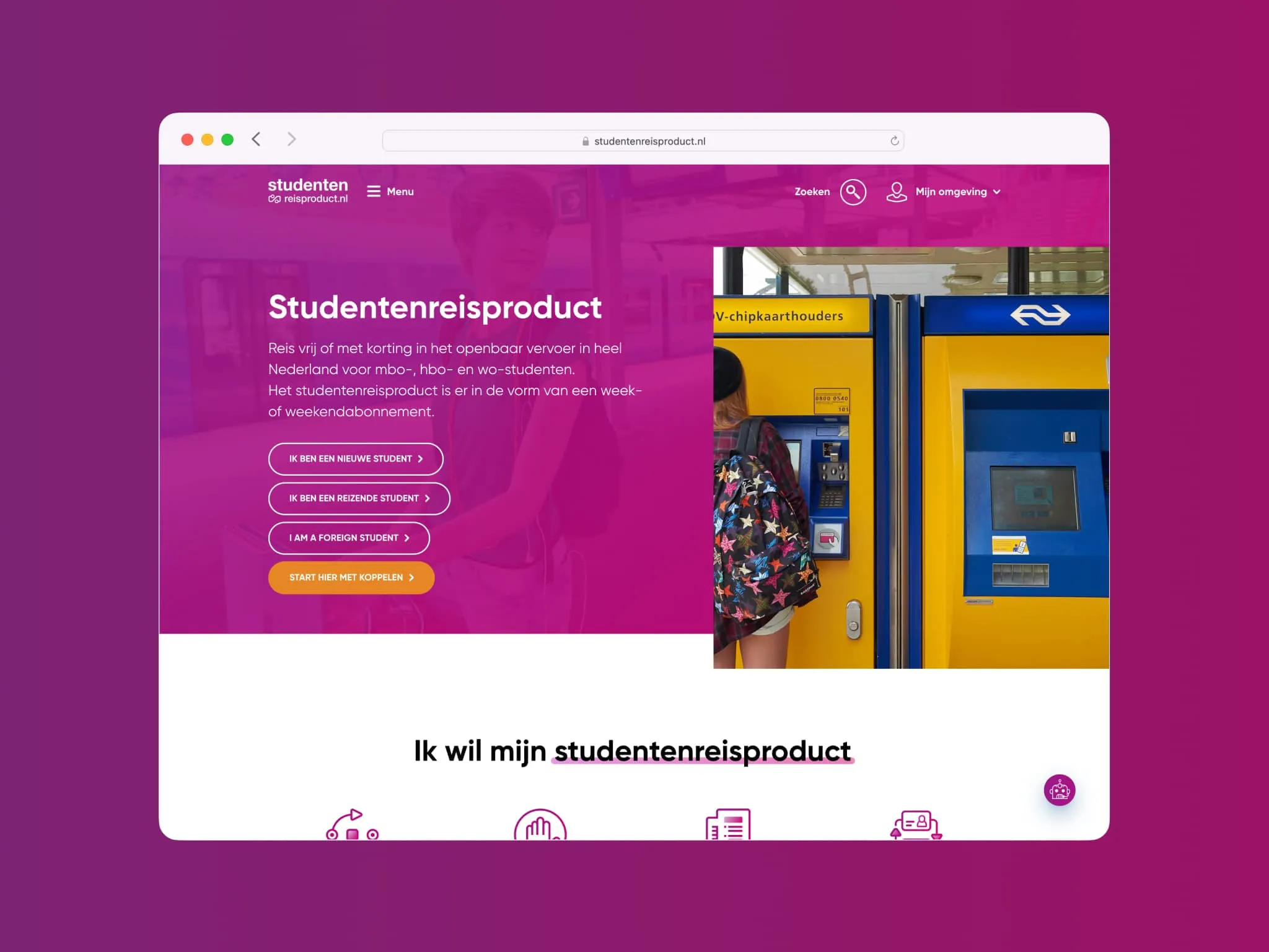 Detail view of the Studentenreisproduct website