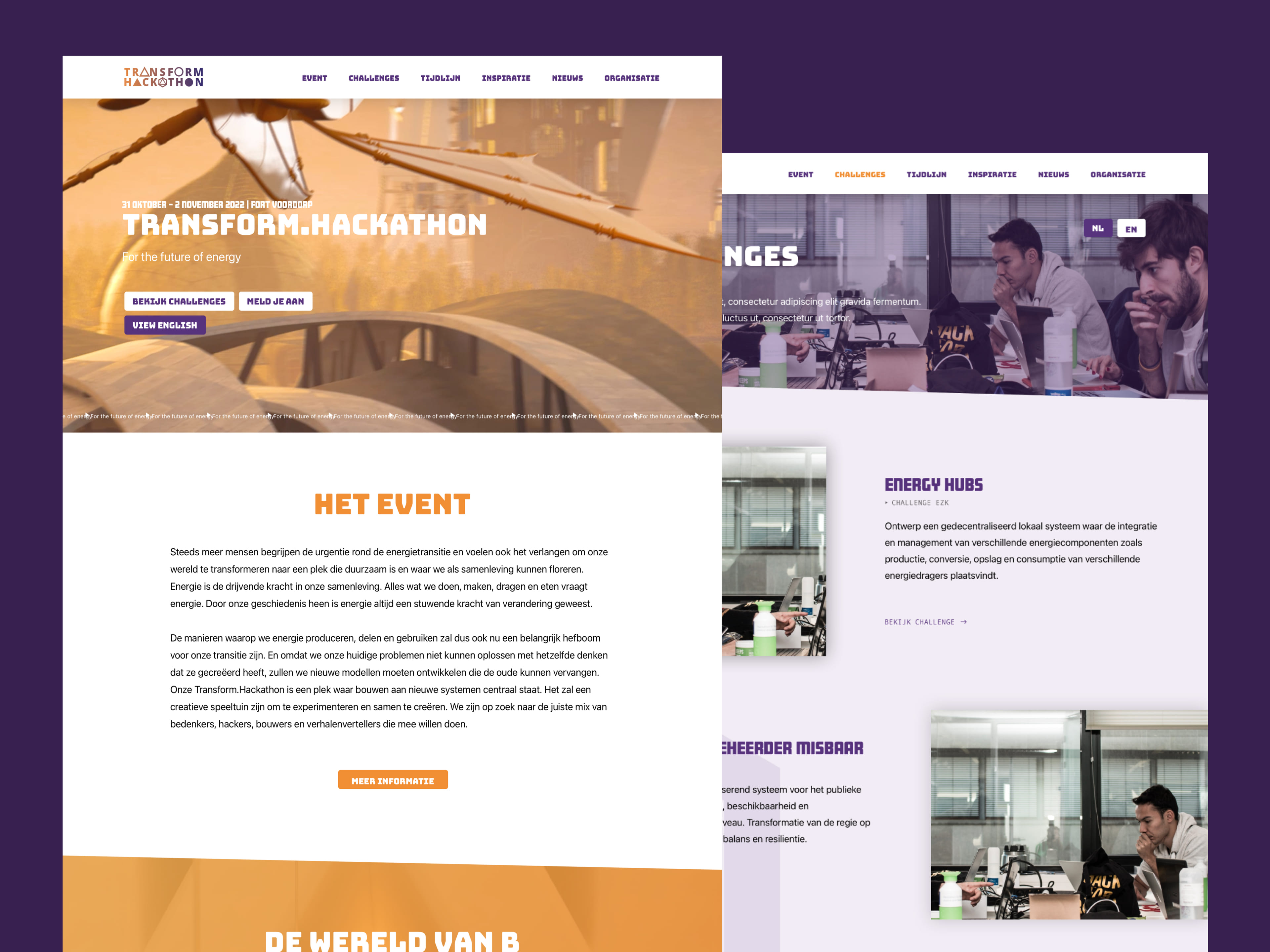 Two screenshots of the Transform.Hackathon website side by side