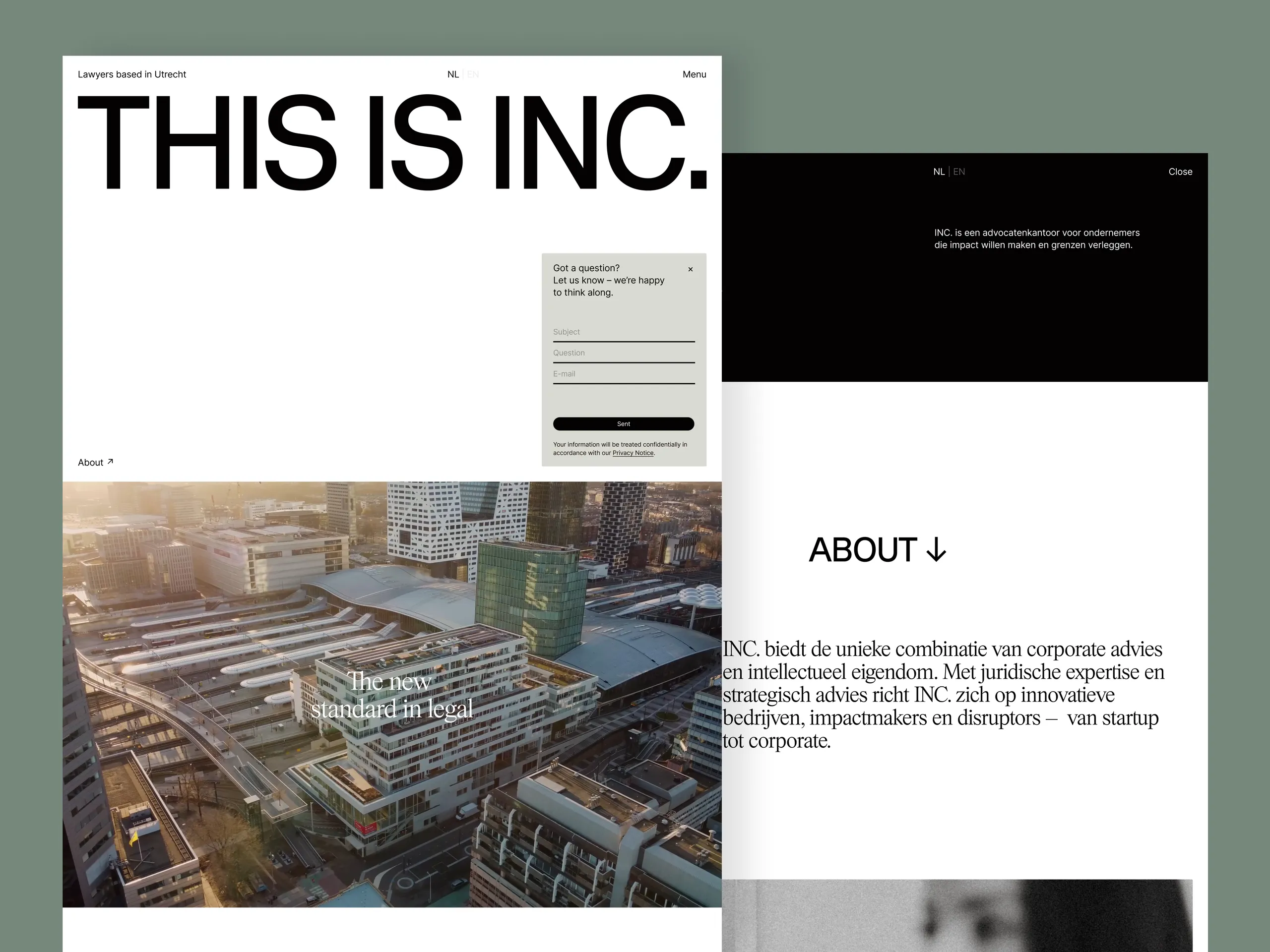 Screenshot van de INC. website met het 'THIS IS INC.' concept op desktop en mobiel