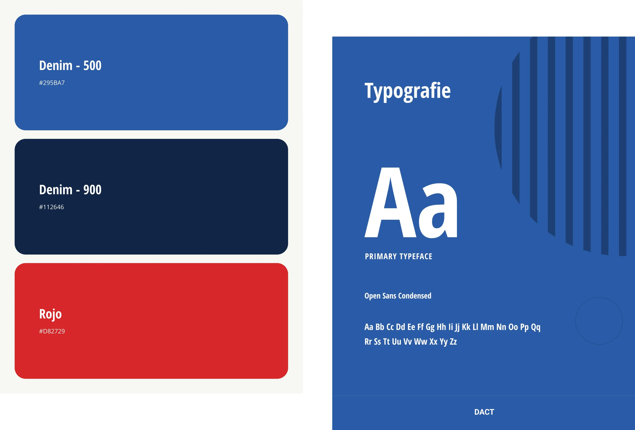 Huisstijl elementen van DACT met kleuren, typografie en designsysteem