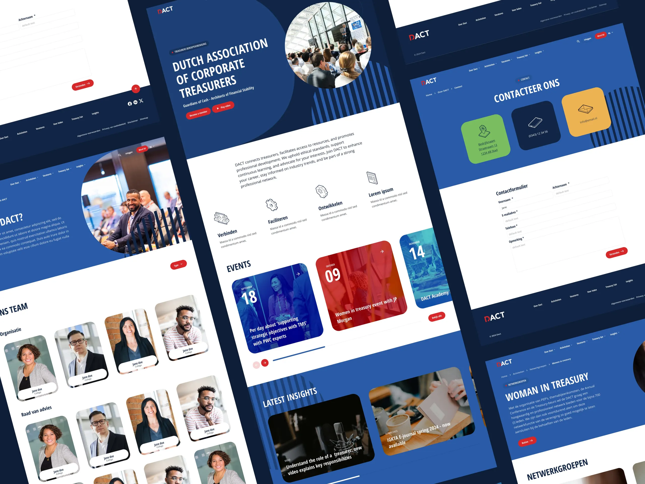 Overzicht van de DACT website met meerdere pagina's en responsive weergave