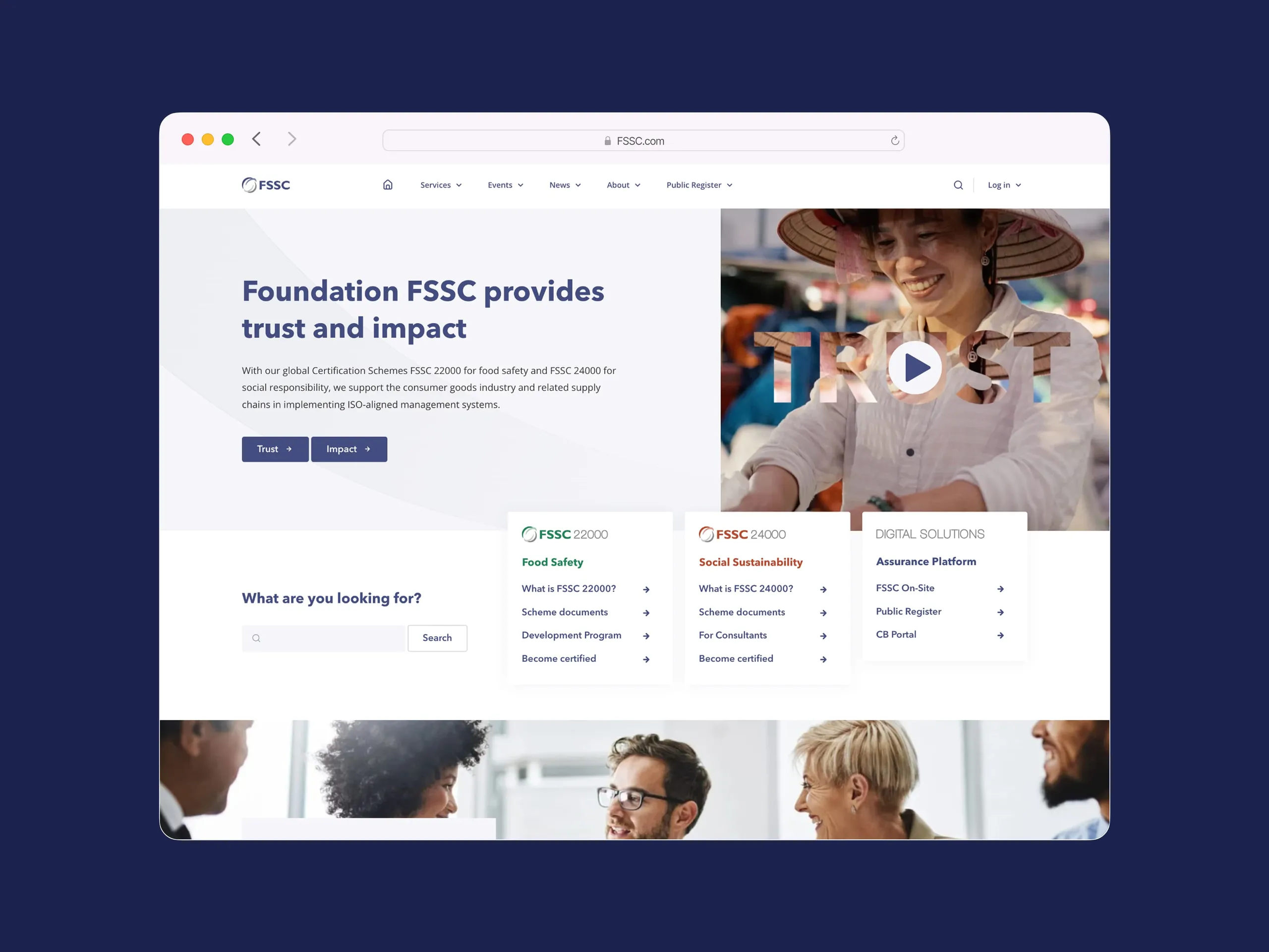 Volledig scherm weergave van de FSSC website homepage