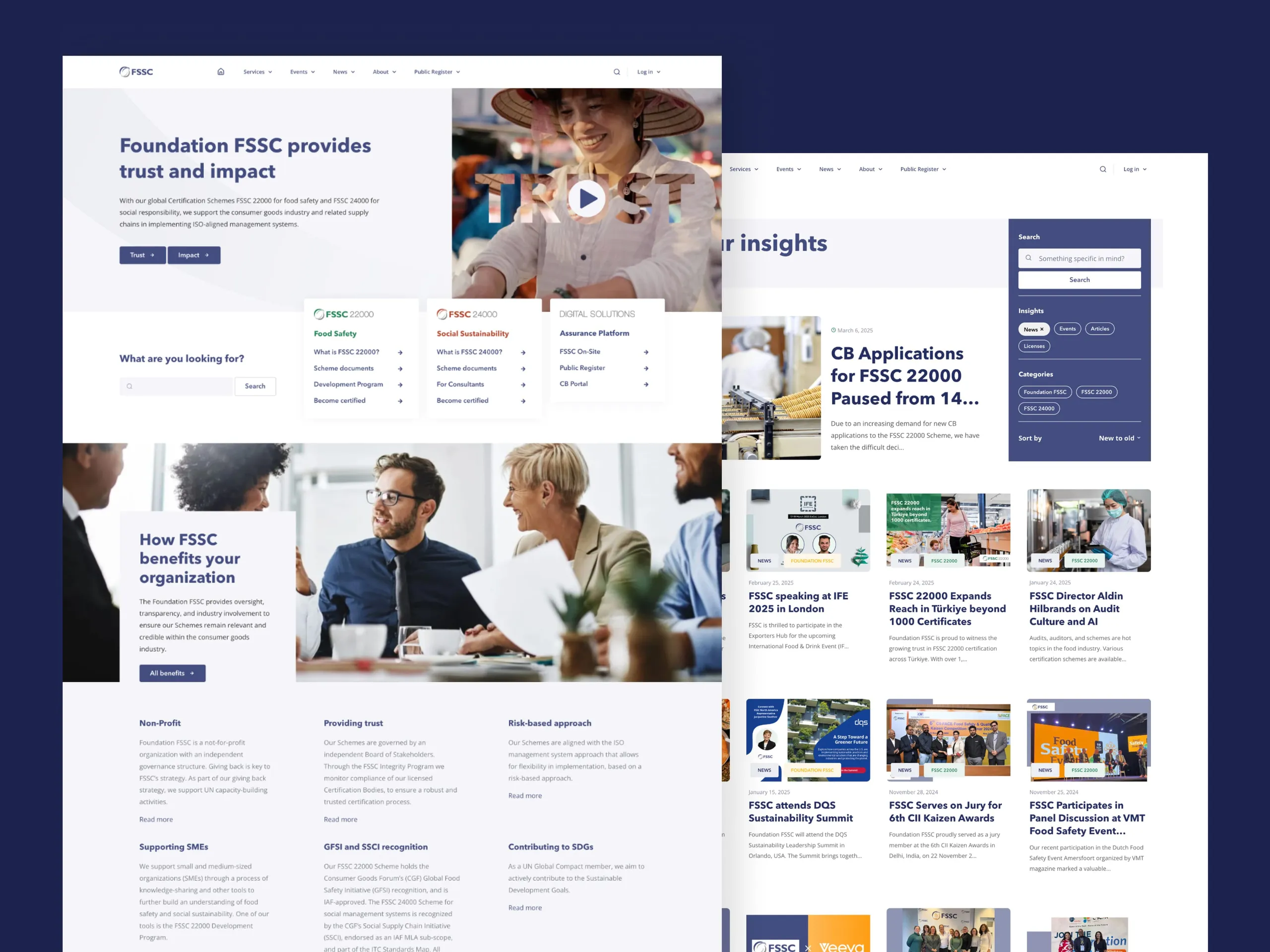 Twee schermweergaven van de FSSC website met detailpagina's