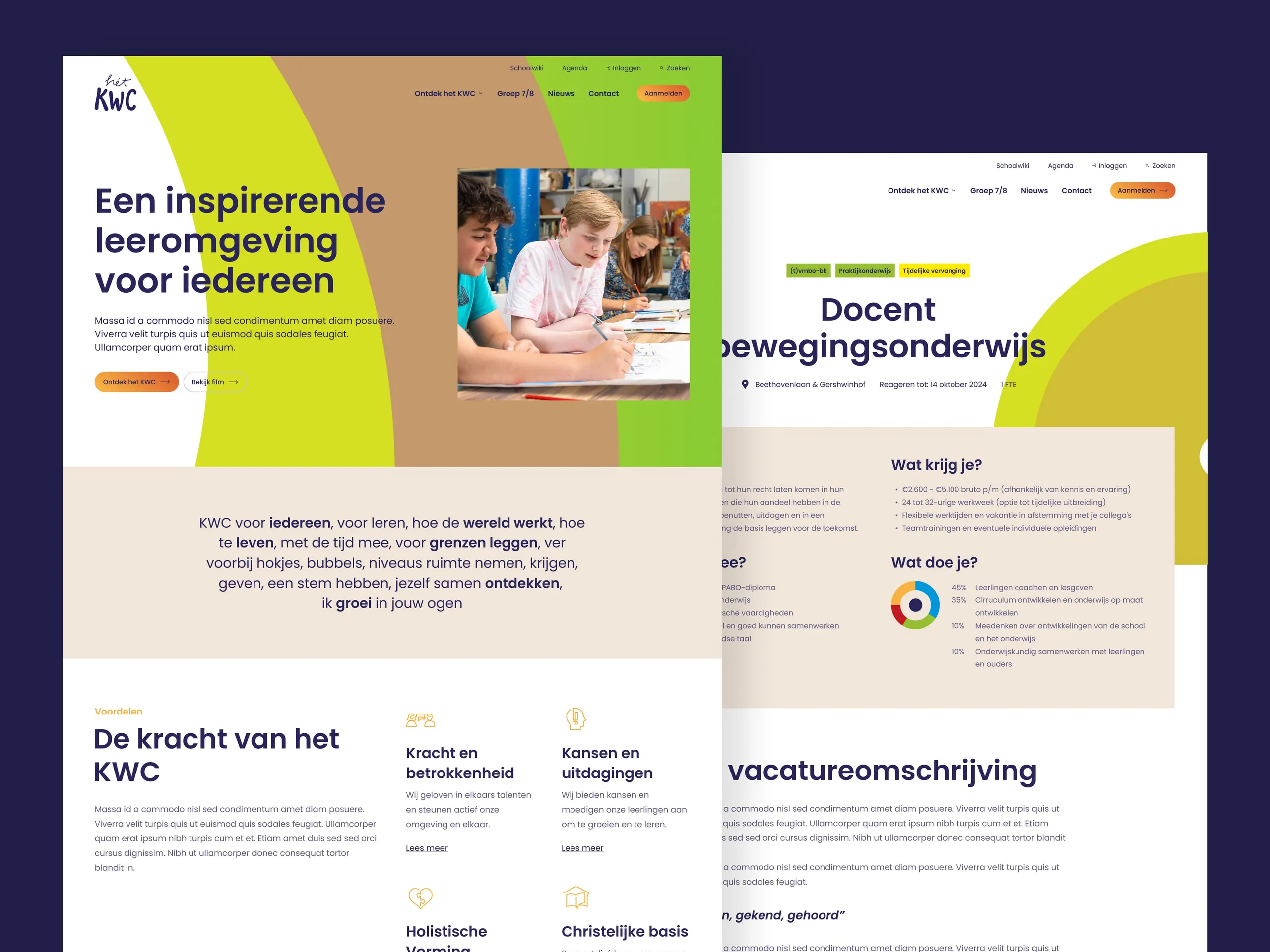 Two screen views of the het KWC website with navigation and content pages