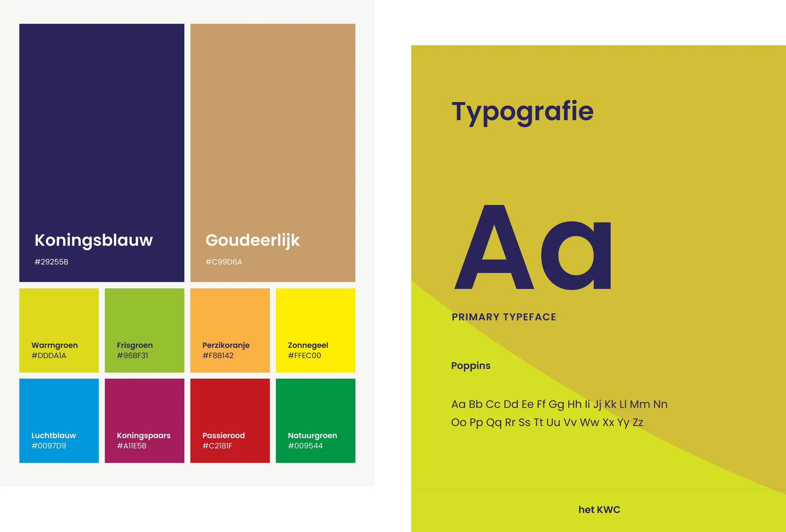 Brand identity elements of het KWC with renewed branding, colors and typography